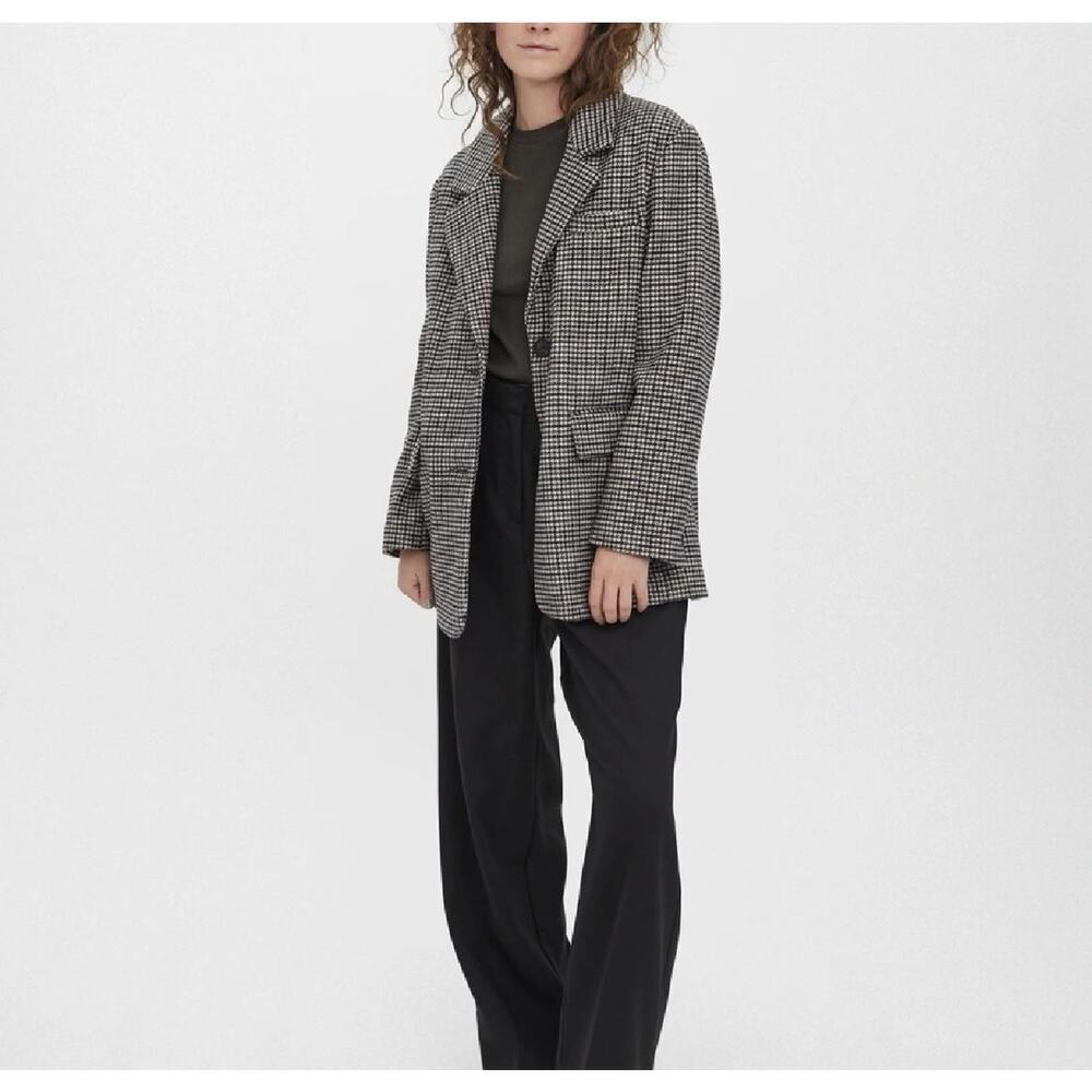 Vero Moda Jacket Womens XL Brown Houndstooth VMJosefine Check Wool Blazer Coat - Picture 3 of 16